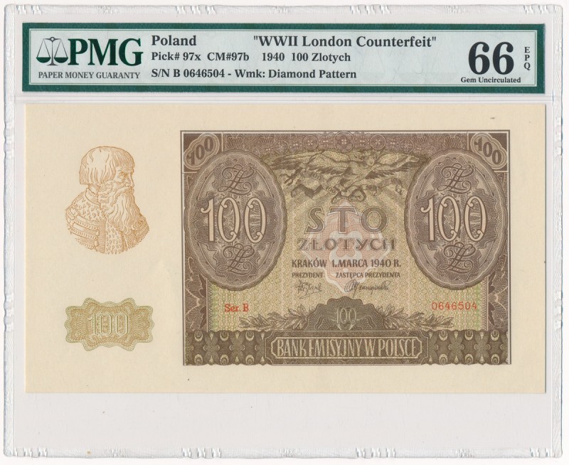 100 złotych 1940 ZWZ - B - PMG 66 EPQ
 Fałszerstwo ZWZ. Piękny, wyselekcjonowan...