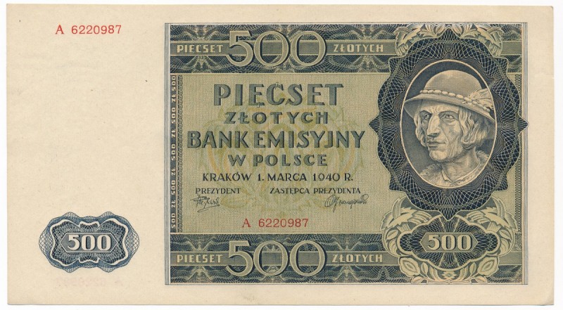 500 złotych 1940 - A - 
 Nieznaczne rzadsza seria A.&nbsp; Ugięty prawy, dolny ...