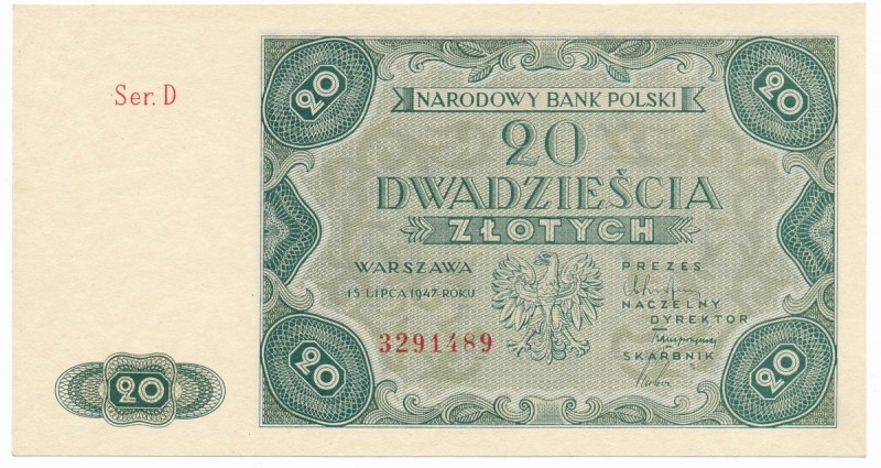 20 złotych 1947 - D - 
 Zanikające, ukośne zagniecenie w polu. Złamany lewy, gó...