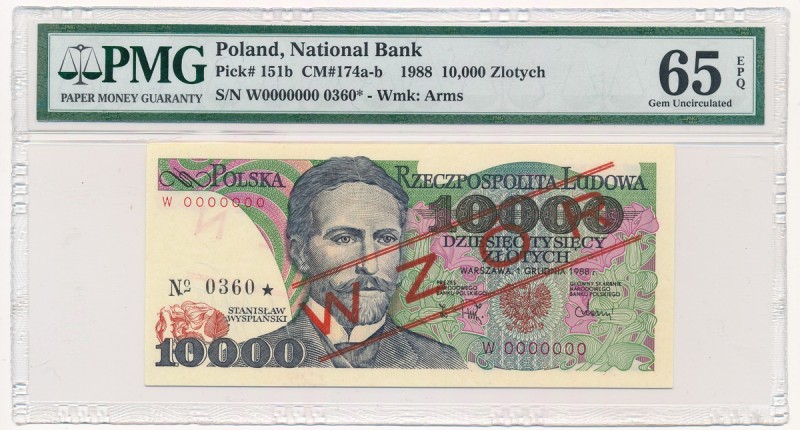 10.000 złotych 1988 WZÓR W 0000000 No.0360 - PMG 65 EPQ - RZADKI
 Emisyjny stan...