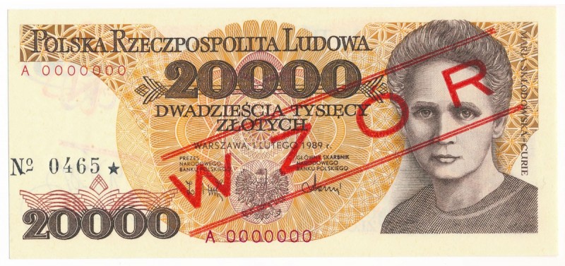 20.000 złotych 1989 WZÓR A 0000000 No.0465
 Bankowy stan zachowania. 

Grade:...