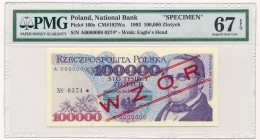 100.000 złotych 1993 WZÓR A 0000000 No 0374 - PMG 67 EPQ - rzadszy MAX - JEDYNY