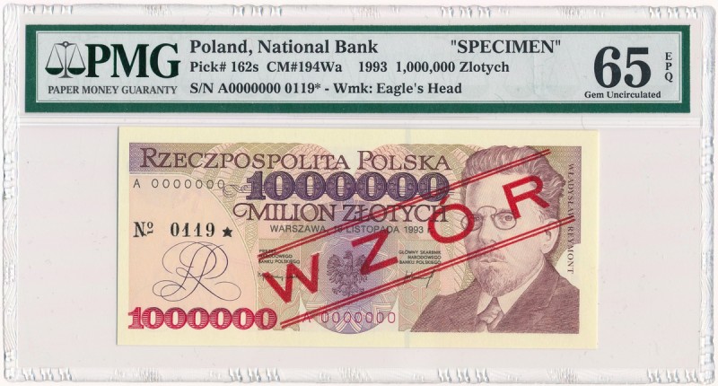 1 milion złotych 1993 WZÓR A 0000000 No.0119 - PMG 65 EPQ - BARDZO RZADKI
 Bard...