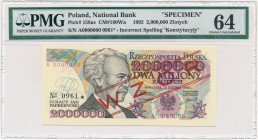 2 miliony złotych 1992 WZÓR A 0000000 No.0961 z błędem 'Konstytucyjy' PMG 64 - RZADKOŚĆ