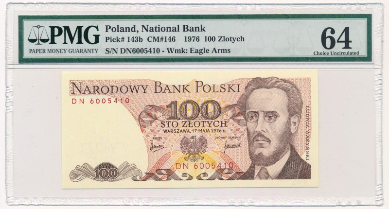 100 złotych 1976 - DN - PMG 64
 Lepsza seria. Rzadko notowana w stanie emisyjny...