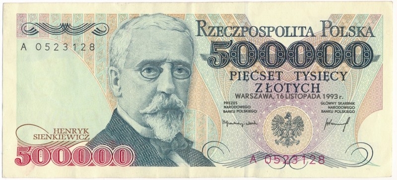 500.000 złotych 1993 - A - bardzo rzadka, pierwsza seria 
 Rzadka, ceniona i po...