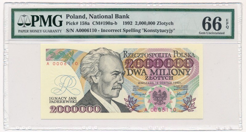 2 miliony złotych 1992 - A z błędem Konstytucyjy - PMG 66 EPQ 
 Odmiana z błęde...