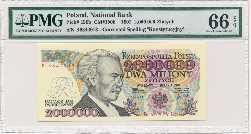 2 miliony złotych 1992 - B - PMG 66 EPQ
 Odmiana bez błędu w klauzuli. Emisyjny...