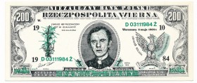 Solidarność, 200 złotych 1985 Niezależny Bank Polski - KŚ. J.Popiełuszko