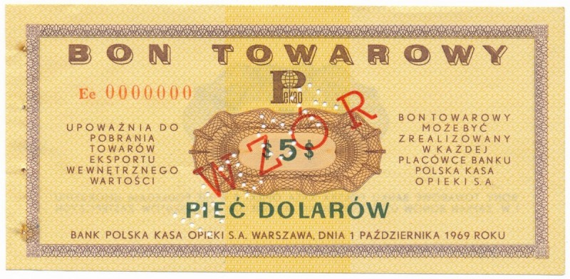 Pewex Bon Towarowy 5 dolarów 1969 WZÓR Ee 0000000 
 Rzadki wzór z numeracją zer...