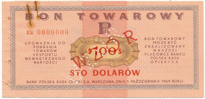 Pewex Bon Towarowy 100 dolarów 1969 WZÓR Ek 0000000 
 Rzadki wzór z numeracją z...