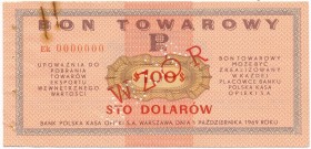 Pewex Bon Towarowy 100 dolarów 1969 WZÓR Ek 0000000