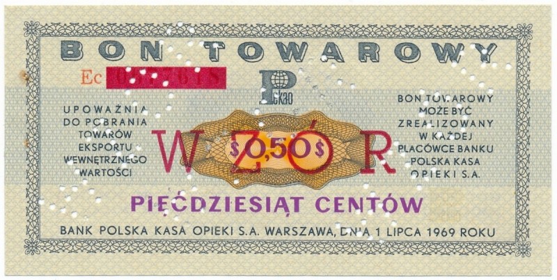 Pewex Bon Towarowy 50 centów 1969 WZÓR - Ec - NIEZNANY 
 Ogromnej rzadkości wzó...