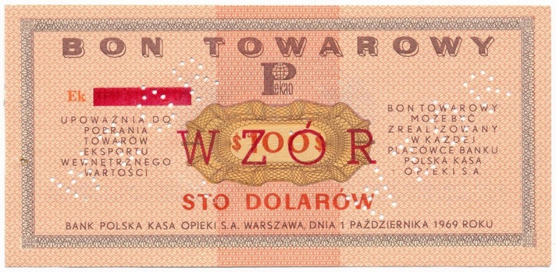 Pewex Bon Towarowy 100 dolarów 1969 WZÓR - Ek - NIEZNANY 
 Ogromnej rzadkości w...