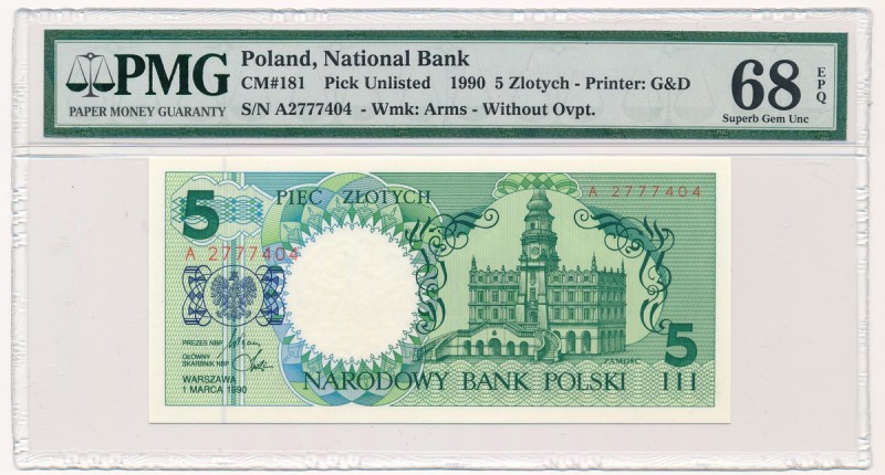 5 złotych 1990 - A - PMG 68 EPQ
 

Grade: PMG 68 EPQ MAX 
Reference: Miłczak...