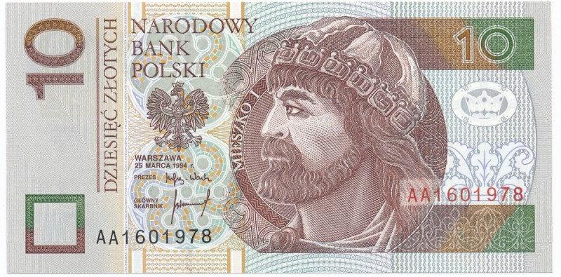 10 złotych 1994 - AA - 
 Pierwsza seria. Stan emisyjny. 

Grade: UNC 
Refere...