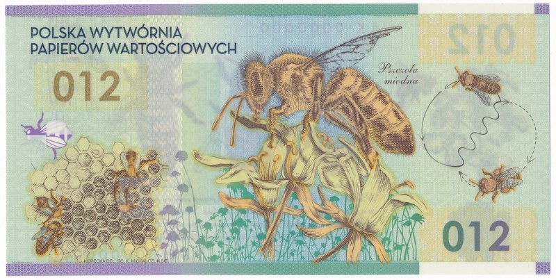 PWPW, Pszczoła 012 JK 0000000
 Banknot wydany przez PWPW z pszczołą oznaczony s...