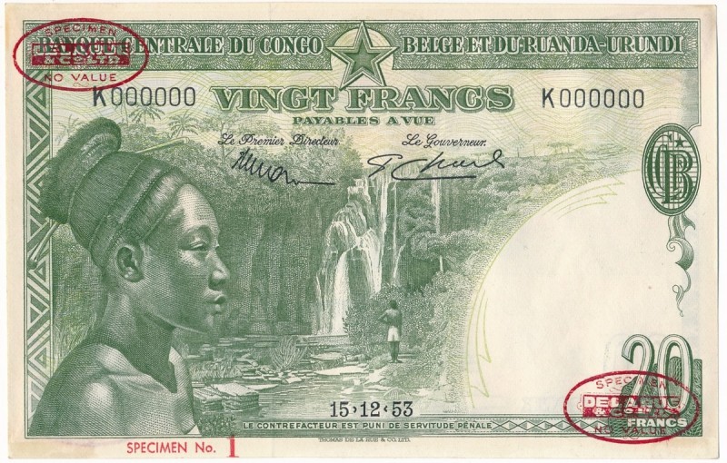 Belgian Congo, 20 Francs 1953 K 000000 SPECIMEN Number 1 ! - RARE FIRST SPECIMEN...