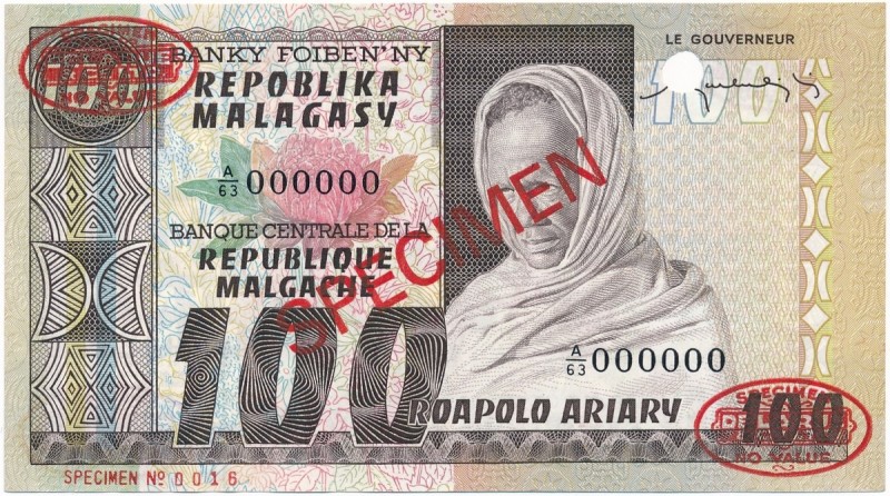Madagascar, 100 Francs = 20 Ariary 1974-83 SPECIMEN De la Rue
Madagaskar, 100 f...