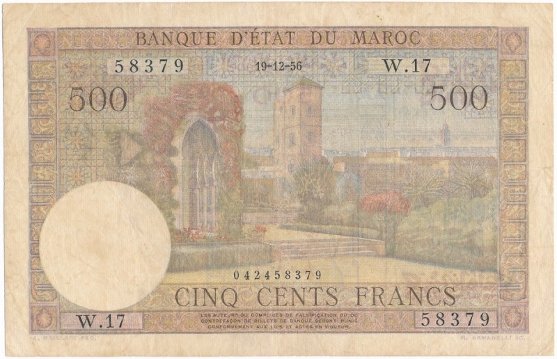 Morocco - 500 Francs 1956
Maroko, 500 franków 1956
 Little tear on right margi...