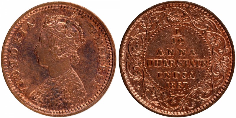 Indian Princely States
Dhar State
Anna 1/12
Copper One Twelfth Anna Coin of A...