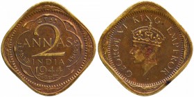 British India
Annas 2 (Nickel-Brass)
Annas 02 
Nickel Brass Two Annas Coin of King George VI of Lahore Mint of 1944.
1944, King George VI, Nickel-...