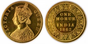British India
Mohur 1
Mohur 1
Gold One Mohur Coin of Victoria Queen of Calcutta Mint of 1862.
1862, Victoria Queen, Proof Restrike, Gold Mohur, Ca...