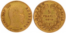 France
Francs 05
Gold Five Francs Coin of Nepolean III of France.
France, Napolean III, Gold 5 Francs, 1856, Paris Mint, Obv: bare headed portrait ...