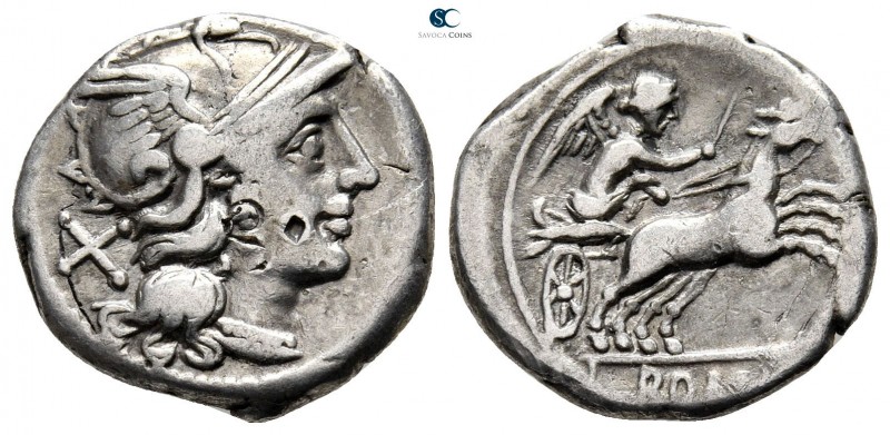 Anonymous 157-156 BC. Rome
Denarius AR

18 mm., 3,47 g.



very fine, cou...