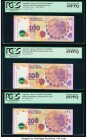 Argentina Banco Central 100 Pesos ND (2012) Pick 358a Three Commemorative Examples PCGS Superb Gem New 69 PPQ. One replacement example.

HID0980124201...