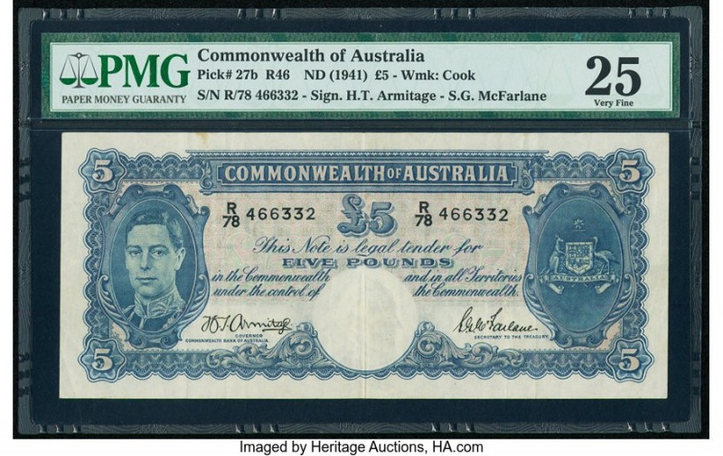 Australia Commonwealth of Australia 5 Pounds ND (1941) Pick 27b PMG Very Fine 25...