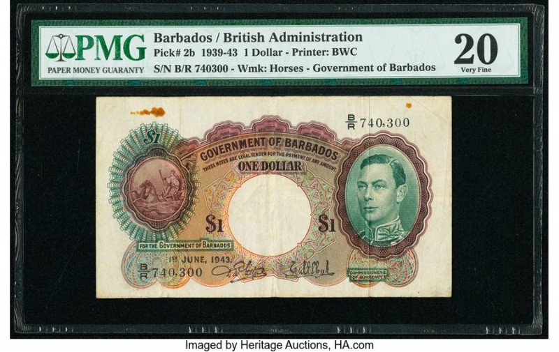 Barbados Government of Barbados 1 Dollar 1.6.1943 Pick 2b PMG Very Fine 20. Rust...