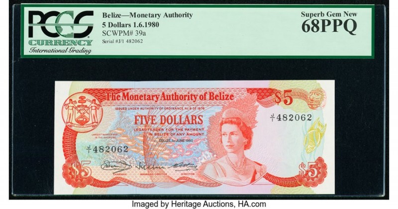 Belize Monetary Authority 5 Dollars 1.6.1980 Pick 39a PCGS Superb Gem New 68 PPQ...