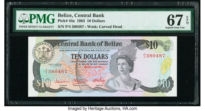 Belize Central Bank 10 Dollars 1.7.1983 Pick 44a PMG Superb Gem Unc 67 EPQ. 

HI...