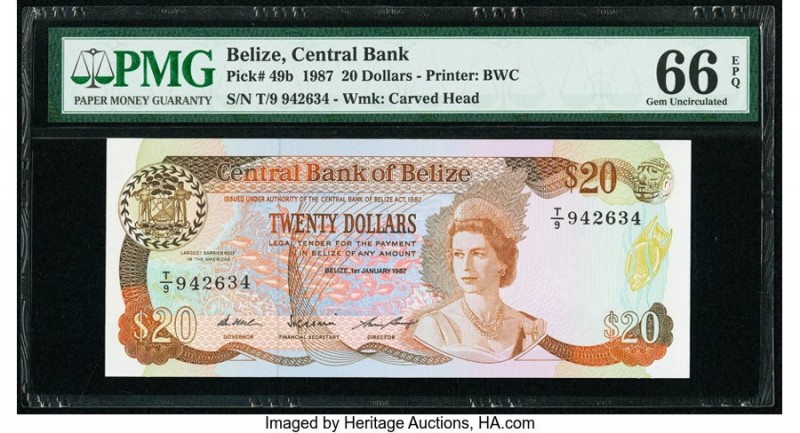 Belize Central Bank 20 Dollars 1.1.1987 Pick 49b PMG Gem Uncirculated 66 EPQ. 

...