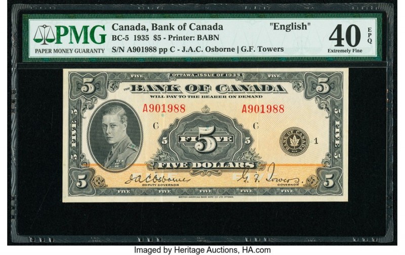 Canada Bank of Canada $5 1935 BC-5 English PMG Extremely Fine 40 EPQ. 

HID09801...