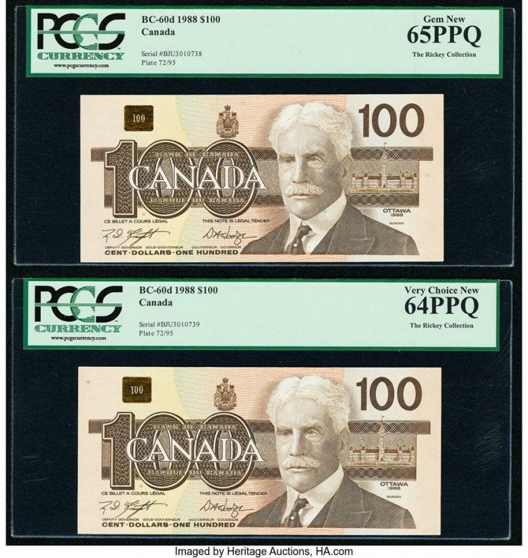 Canada Bank of Canada $100 1988 BC-60d Two Consecutive Examples PCGS Gem New 65 ...