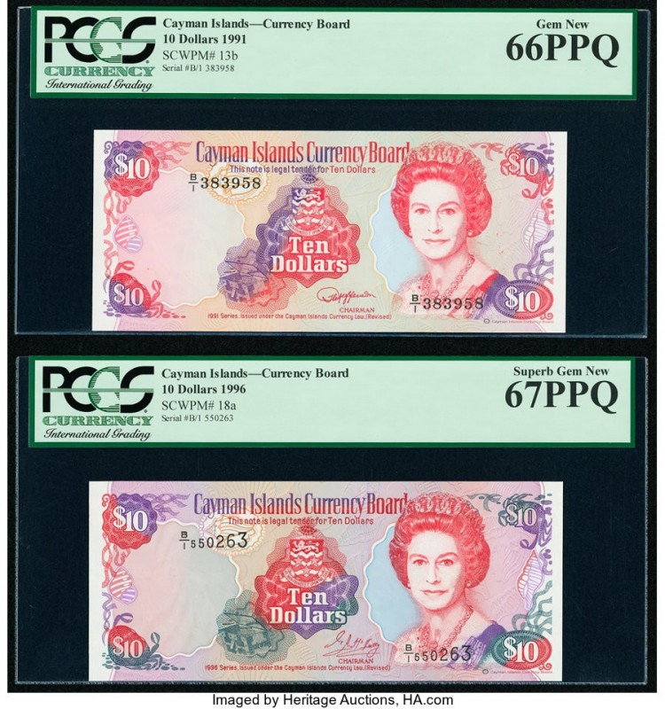 Cayman Islands Currency Board 10 Dollars 1991; 1996 Pick 13b; 18a PCGS Gem New 6...