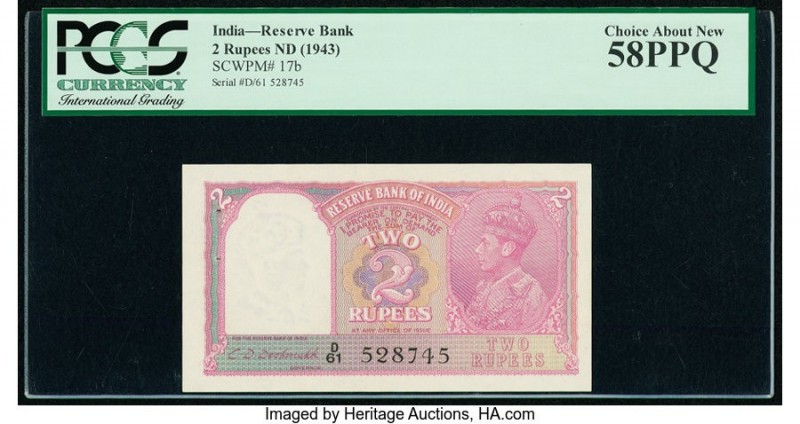 India Reserve Bank of India 2 Rupees ND (1943) Pick 17b Jhun4.2.2 PCGS Choice Ab...