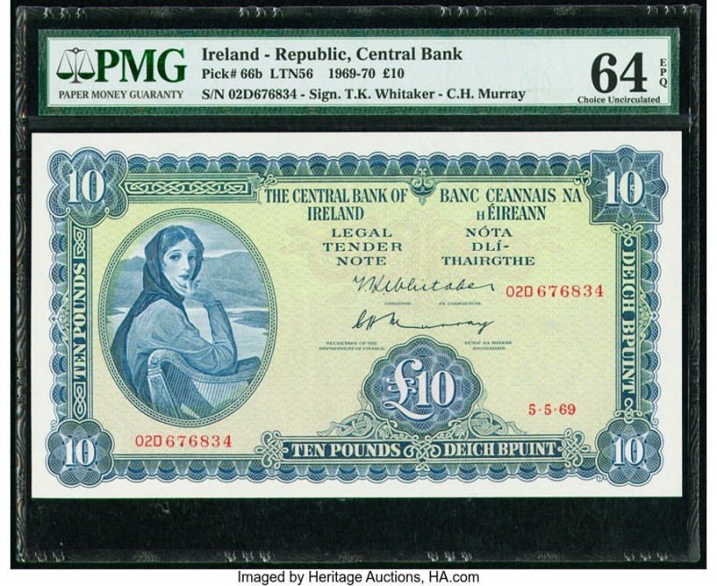 Ireland Central Bank of Ireland 10 Pounds 5.5.1969 Pick 66b PMG Choice Uncircula...