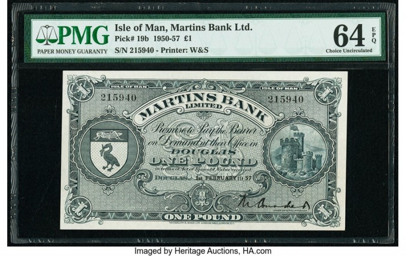 Isle Of Man Martins Bank Limited 1 Pound 1.2.1957 Pick 19b PMG Choice Uncirculat...