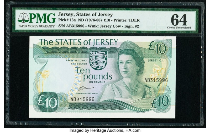 Jersey States of Jersey 10 Pounds ND (1976-88) Pick 13a PMG Choice Uncirculated ...