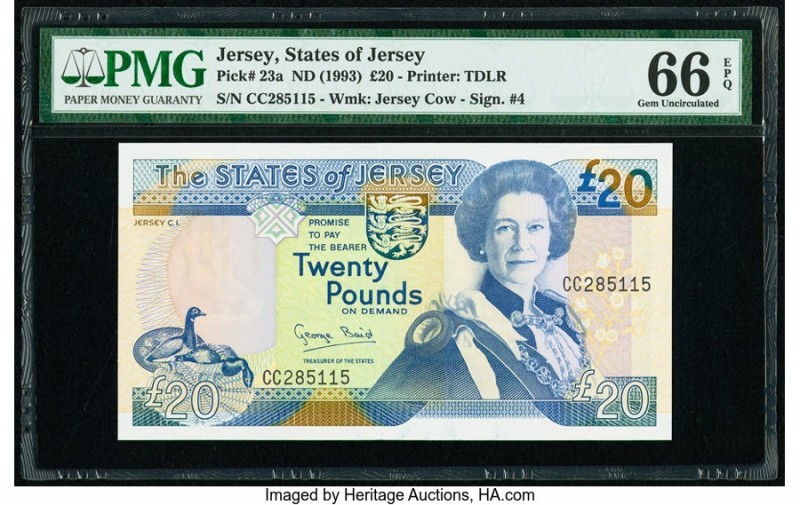 Jersey States of Jersey 20 Pounds ND (1993) Pick 23a PMG Gem Uncirculated 66 EPQ...