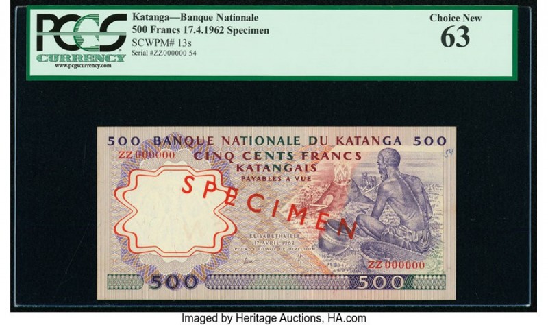 Katanga Banque Nationale du Katanga 500 Francs 17.4.1962 Pick 13s Specimen PCGS ...