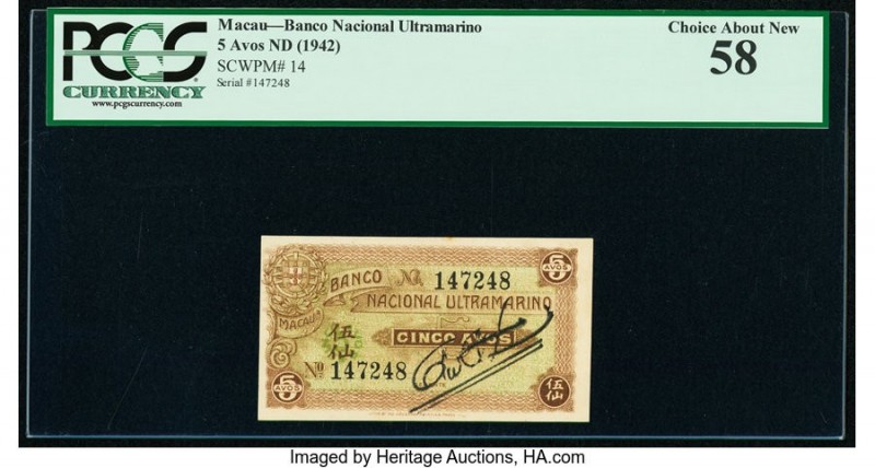 Macau Banco Nacional Ultramarino 5 Avos ND (1942) Pick 14 KNB10 PCGS Choice Abou...