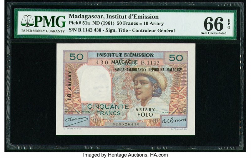 Madagascar Institut d'Emission 50 Francs = 10 Ariary ND (1961) Pick 51a PMG Gem ...