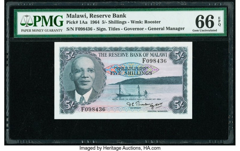Malawi Reserve Bank of Malawi 5 Shillings 1964 Pick 1Aa PMG Gem Uncirculated 66 ...