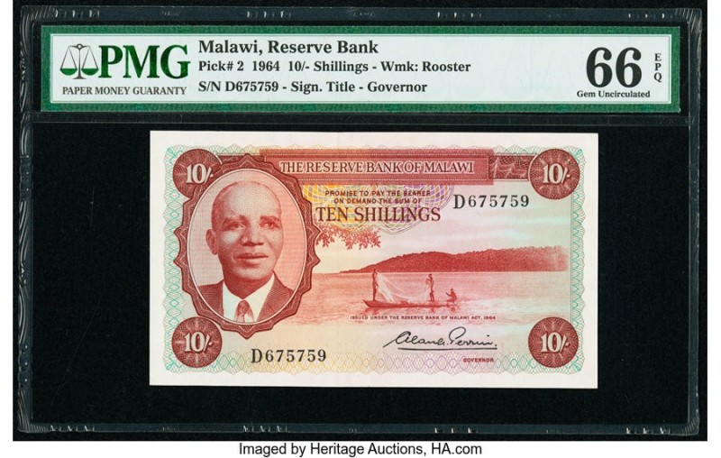 Malawi Reserve Bank of Malawi 10 Shillings 1964 Pick 2 PMG Gem Uncirculated 66 E...