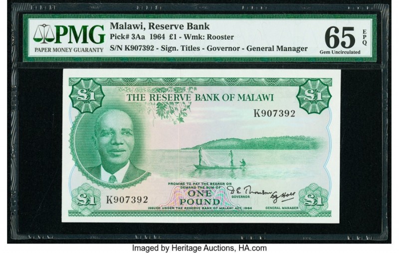 Malawi Reserve Bank of Malawi 1 Pound 1964 Pick 3Aa PMG Gem Uncirculated 65 EPQ....