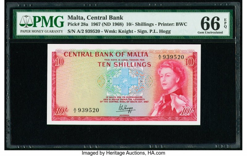 Malta Central Bank of Malta 10 Shillings 1967 (ND 1968) Pick 28a PMG Gem Uncircu...